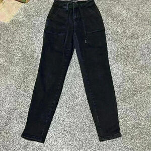 Judy Blue Jeans Women's 3/26 Jogger Black Stretch Denim Drawstring High Rise***